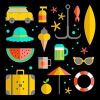 Collection of summer leisure objects in a flat style, summer collection elements, symbols, hobbies and relaxation items. vector