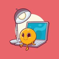 un emoji personaje sentado en un ordenador portátil siguiente a un escritorio lámpara vector ilustración. tecnología, comunicación diseño concepto.