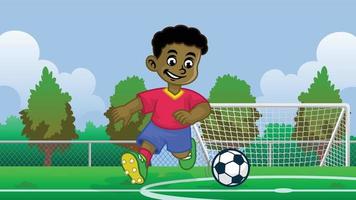 dibujos animados negro chico fútbol jugador en el campo vector