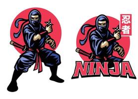 ninja mascot set hold the shuriken star weapon vector