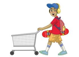 cartoon skater boy pushing the shopping cart vector