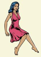 vintage hand drawing pinup girlwearing polkadot dress vector