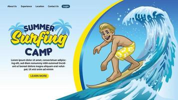 aterrizaje página diseño de surf verano acampar concepto en dibujos animados estilo vector