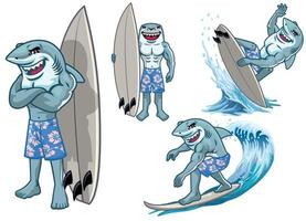 set of cartoon great white shark surfing character mascot vector