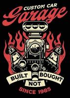 vintage shirt design of custome car garage with big muscle car engine vector