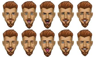 handsome bearded man in various face expression vector