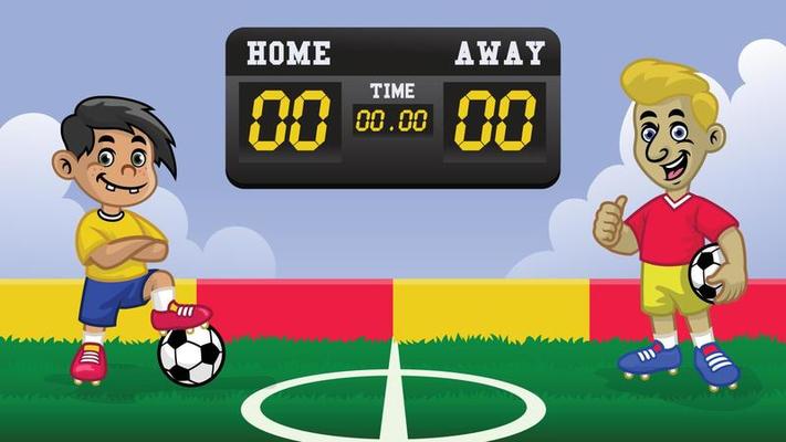 cartoon kids soccer player having match in the soccer field