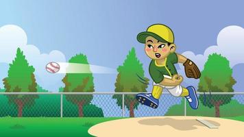 dibujos animados de asiático chico béisbol jugador en el campo vector