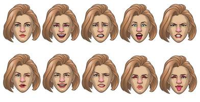 set of caucasian women head in various face expression vector