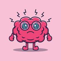 Cute cartoon smart human brain character with glasses angry concept vector