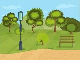 City park in summer with a bench, a lantern, trees and bushes vector