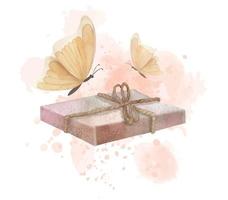 bar de jabón con mariposas y resumen acuarela chapoteo en aislado antecedentes. vistoso mano dibujado ilustración de bañera cosmético para icono o logo. baño ecológico producto para piel cuidado etiqueta vector