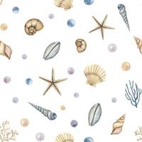 Seashell seamless Pattern on isolated background. Hand drawn illustration of scallop Shells, nautilus and corals for textile design or wrapping paper in marine style. Cockleshell ornament with bubbles vector