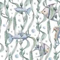 Underwater seamless Pattern of seaweeds and fishes. Hand drawn watercolor illustration with marine animals and plants on isolated background. Aquatic ornament for textile design or wrapping paper. vector