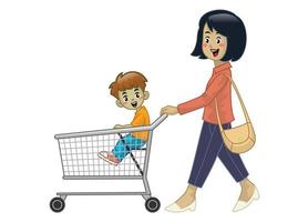 mother and children hold the shopping cart vector