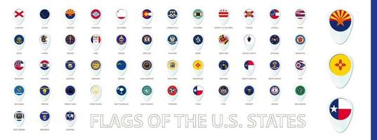 Flags of The U.S. States sorted alphabetically. Blue pin icon design. vector