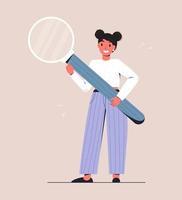 Searching investigation and research concept. Young smiling woman standing and holding magnifying glass vector illustration. Cartoon character using magnifying zoom glass for searching vacancies.