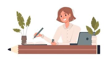 A young girl writes a letter with a pencil in her hand. Copywriting And Blogging Concept. Cute student girl with a pencil. freelance girl working from home. Vector stock isolated illustration.