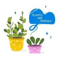 Postcards with a picture of a houseplant in a pot with a slogan about a friend. Cute kawaii houseplants with lattering, plants are friends. Vector illustration isolated on white background.