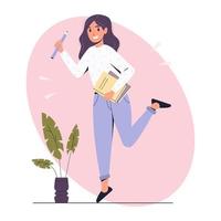 un joven niña con un lápiz en su mano soportes y sonrisas redaccion y blogging concepto. vector valores ilustración aislado en blanco antecedentes. linda estudiante niña en pie con un grande lápiz.