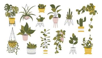 Set of different stickers of indoor plants in flower pots. Exotic plants, monstera and other home decorative flowers. Vector stock illustration. Hand-drawn style. Stickers for diary and notebook.