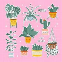 Set of cute stickers of kawaii houseplants in flower pots. Exotic plants, monstera and other decorative flowers. Vector stock illustration. Childrens illustration of stickers for kids.