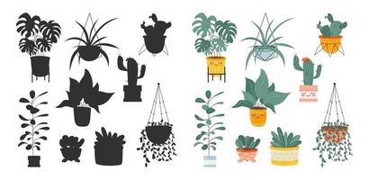Childrens educational game, find correct shadow silhouette. Indoor plants and black silhouettes of flowers. Cute kawaii plants. Vector stock illustration isolated on white background.