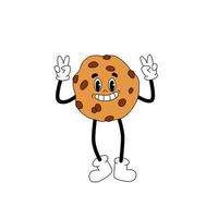 Cartoon cookie mascot. Groovy food sticker. Funky disco character. Sweet retro illustration in 70s style. vector