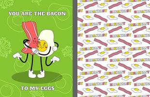 Groovy eggs and bacon. Vintage breakfast in 70s style. Cartoon food characters. Trippy card vector