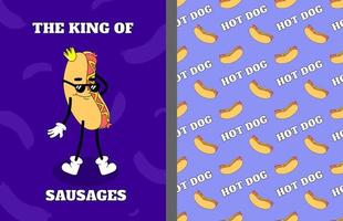 King of sausages. Retro print with hippie cute hot dog and seamless pattern. Funky character concepts of fast food, dripping emoticon. Junk snack vector