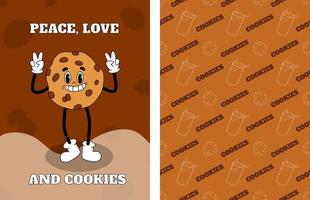 Cookie mascot. Happy smile food in vintage 70s retro style. Psychedelic groovy character. Cookie with chocolate and milk seamless pattern. Vintage delicious illustration vector