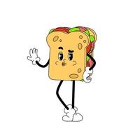 Trendy groovy sandwich. Happy hippie character in retro style. Yummy masctor sticker. vector