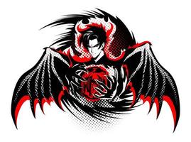 Demon with wings holds a red sphere in his hands. vector