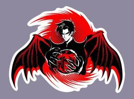 A black demon with flaming wings holds a red sphere with a city in its hands. vector