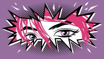 el ojos de un niña con rosado pelo ojeada fuera desde un grieta en el pared en un manga y anime estilo. vector