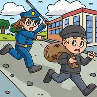 Policewoman Chasing Thief Colored Cartoon vector