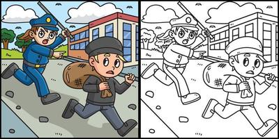 mujer policía persiguiendo ladrón colorante ilustración vector