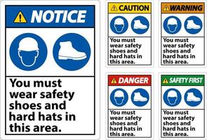 Warning Sign, You Must Wear Safety Shoes And Hard Hats In This Area vector