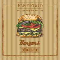 Fast food  menu. Vintage vector illustration. Hand-drawn sketch illustration of burger isolated on vintage  background. Great for menu, poster or restaurant background.