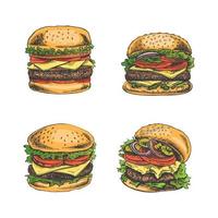 Burgers set. Hand drawn sketch of different burgers with bacon, cheese, salad, tomatoes, cucumbers etc. Fast food retro vector illustrations collection isolated on white background. Great for menu