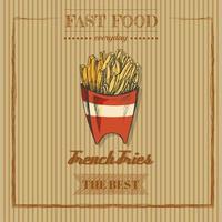 Fast food  menu. Vintage vector illustration. Hand-drawn sketch illustration of french fries in carton box isolated on vintage  background. Great for menu, poster or restaurant background.