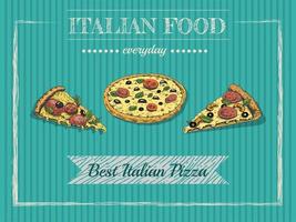 Italian pizza  menu. Vintage vector illustration. Hand-drawn sketch illustration of pizza isolated on vintage  background. Great for menu, poster or restaurant background.