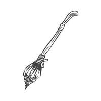 Hand drawn sketch of magic broom. Element of witchcraft. Symbol of magic.  A vehicle for the witch.  Tattoo broomstick or print for Halloween or all saints ' day. Vector illustration.