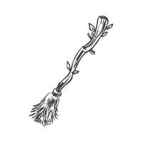 Hand drawn sketch of magic broom. Element of witchcraft. Symbol of magic.  A vehicle for the witch.  Tattoo broomstick or print for Halloween or all saints ' day. Vector illustration.