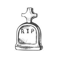 Old hand drawn murble stone tombstone with christian cross and title R.I.P. Rest in peace vector drawing illustration for funeral service, card or last farewell card. Sketch of  grave or cemetery