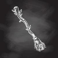 Hand drawn sketch of magic broom isolated on chalkboard background. Element of witchcraft. Symbol of magic.  A vehicle for the witch.  Tattoo broomstick or print for Halloween or all saints ' day. vector