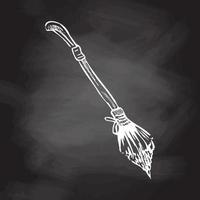 Hand drawn sketch of magic broom isolated on chalkboard background. Element of witchcraft. Symbol of magic.  A vehicle for the witch.  Tattoo broomstick or print for Halloween or all saints ' day. vector