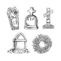 Funeral service vector hand drawn set. Attributes and symbols of condolence, loss, dead, bereavement and cemetry. Sketch of vintage ritual wreath, tombstone, coffin
