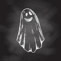 Hand drawn white sketch of ghost isolated on chalkboard  background. Scary white ghost. Happy Halloween. Cute vintage spooky character. Vector illustration for posters, decoration and print.