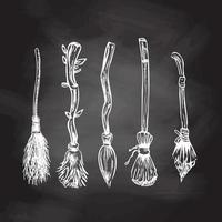 Hand drawn sketch of magic brooms set isolated on chalkboard background. Element of witchcraft. Symbol of magic.  A vehicle for the witch.  Halloween or all saints ' day. vector